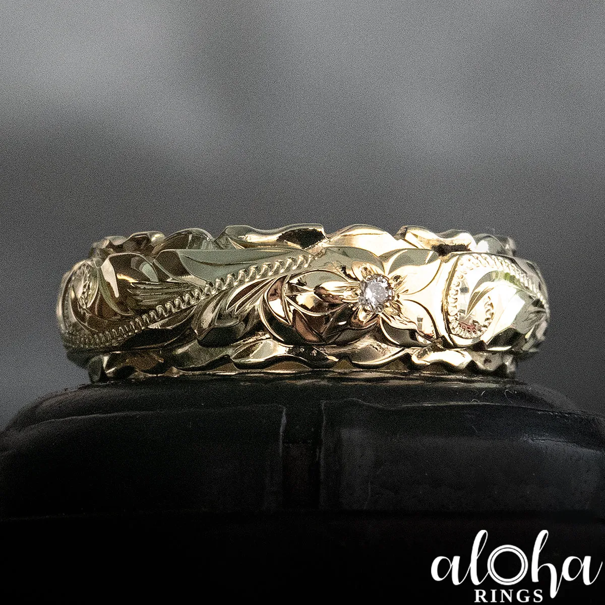 10K Solid Gold [4x6mm] Two Tone Ring with Hawaiian Hand Engraved Heritage Design