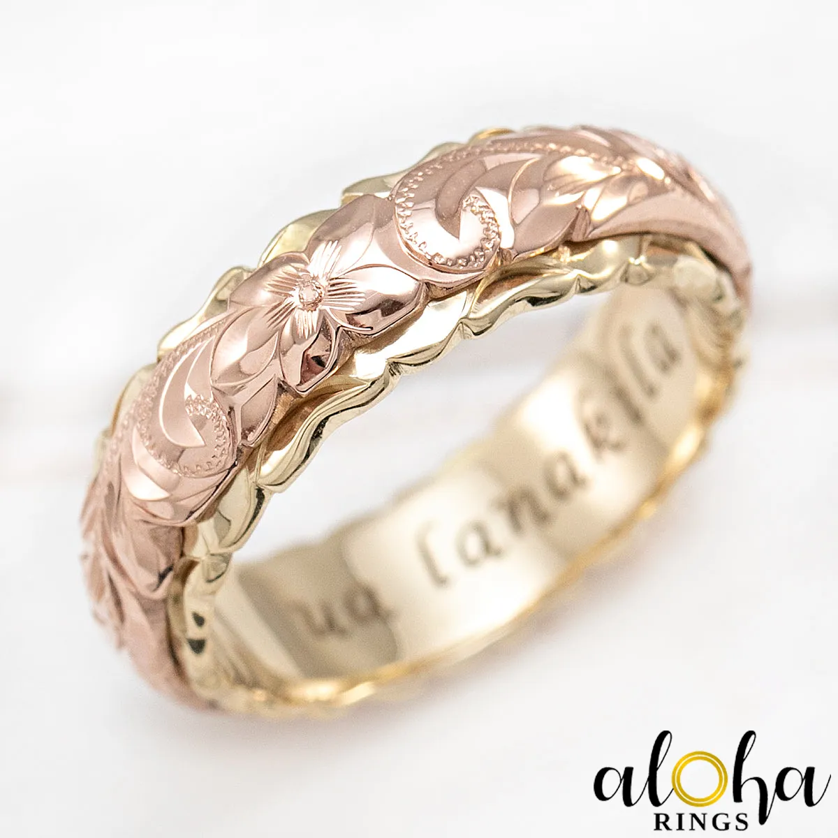 10K Solid Gold [4x6mm] Two Tone Ring with Hawaiian Hand Engraved Heritage Design