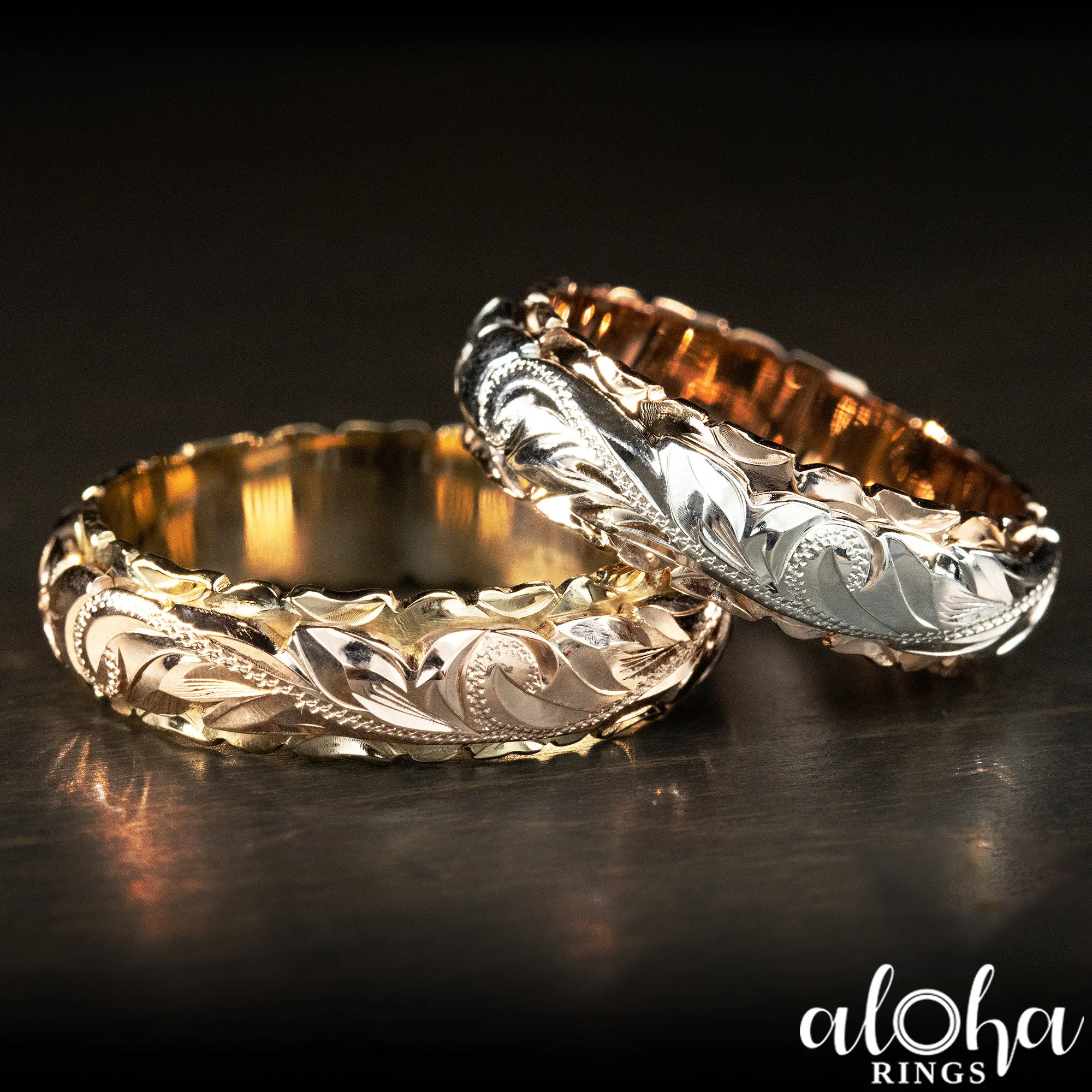 10K Solid Gold [4x6mm] Two Tone Ring with Hawaiian Hand Engraved Heritage Design