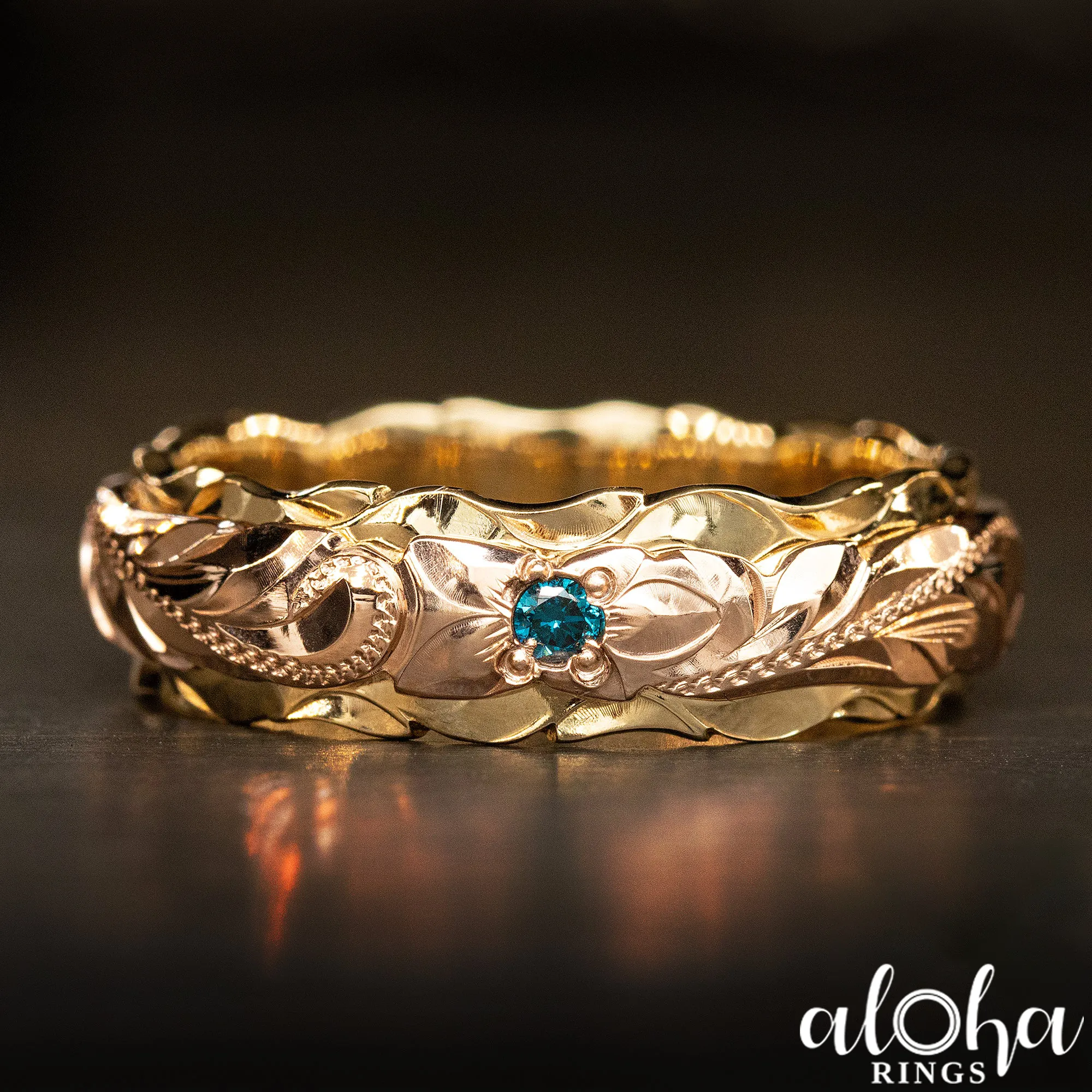 10K Solid Gold [4x6mm] Two Tone Ring with Hawaiian Hand Engraved Heritage Design