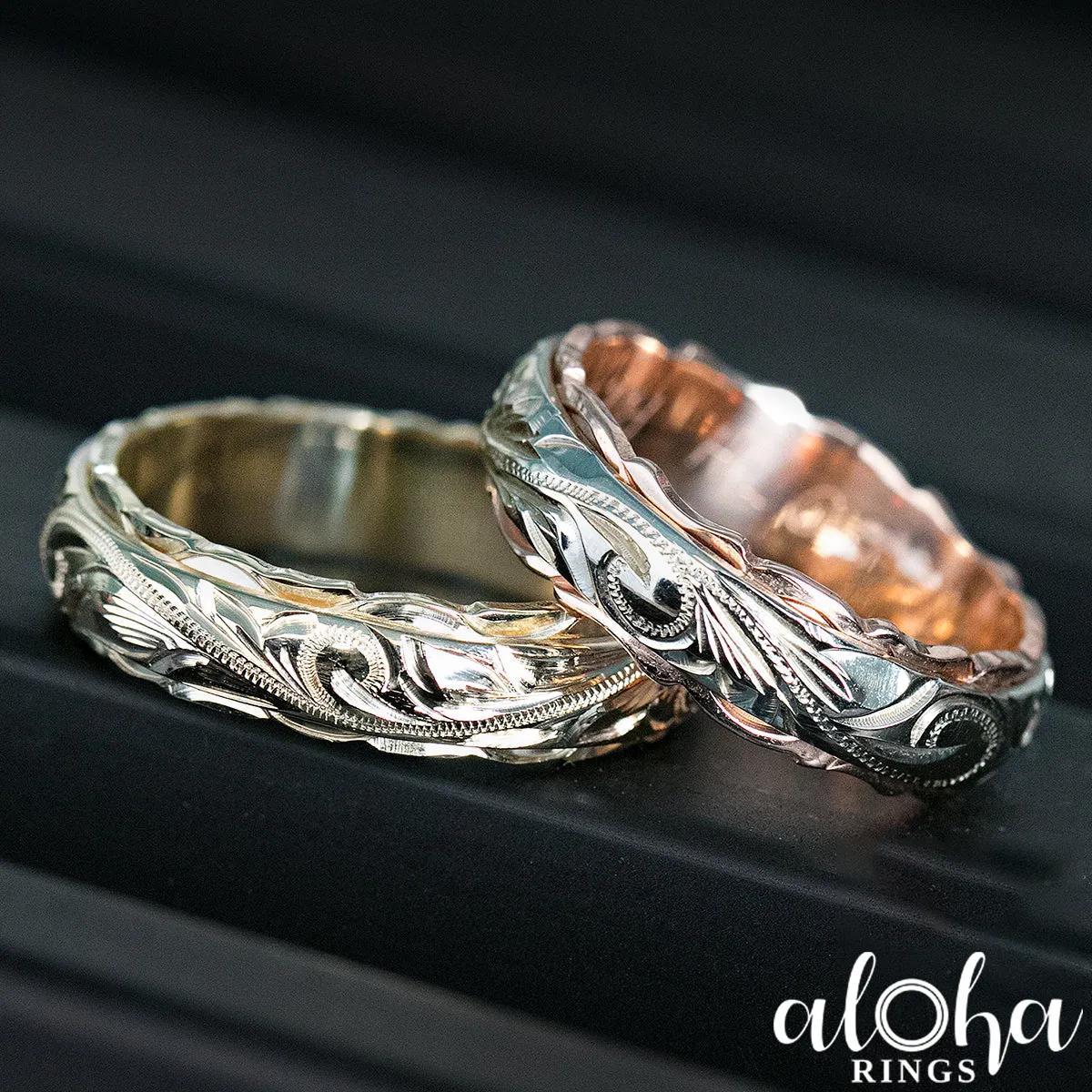 10K Solid Gold [4x6mm] Two Tone Ring with Hawaiian Hand Engraved Heritage Design