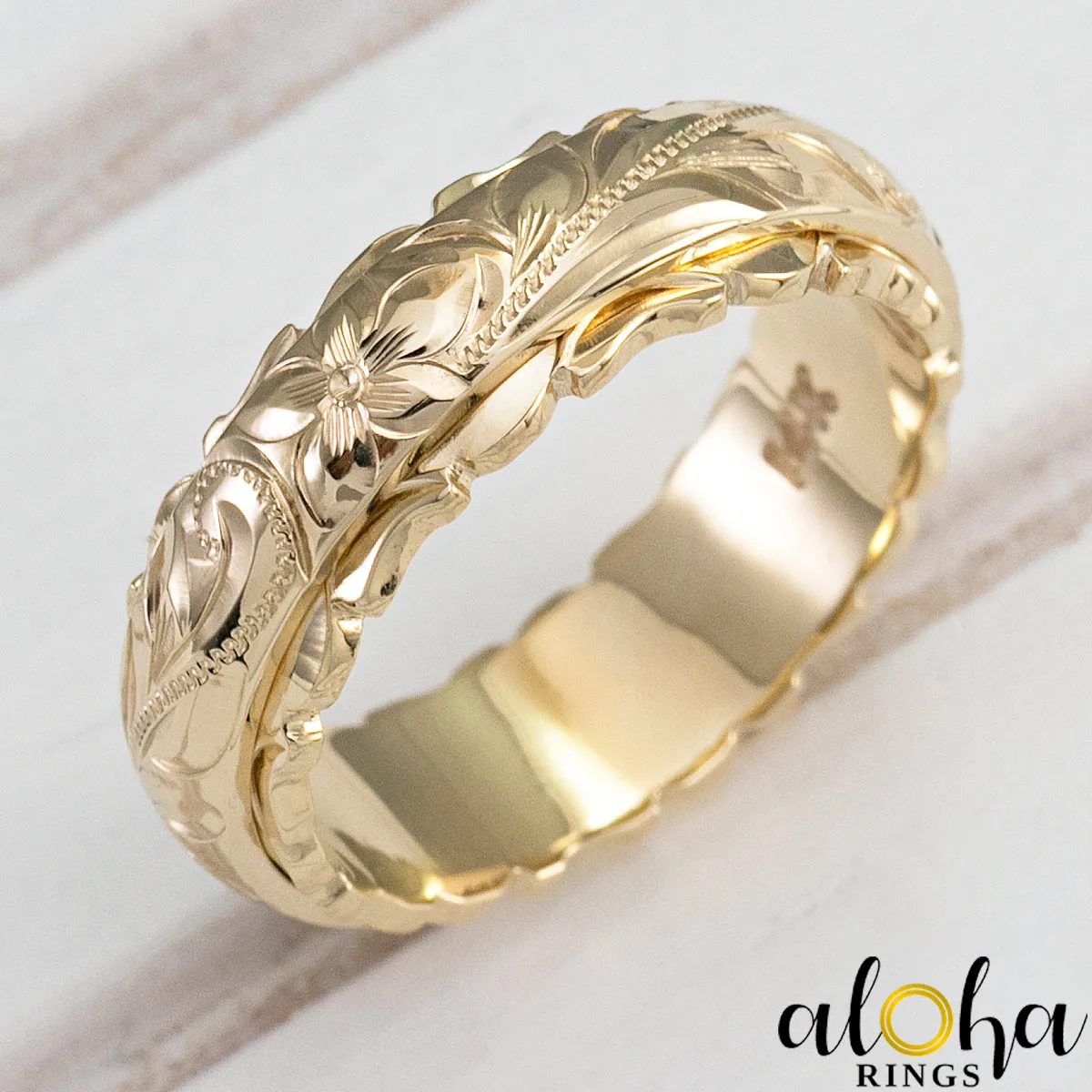 10K Solid Gold [4x6mm] Two Tone Ring with Hawaiian Hand Engraved Heritage Design