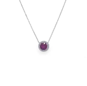 14K White Gold 1.00 CT Lab Ruby and Round Diamond Halo 16" Necklace