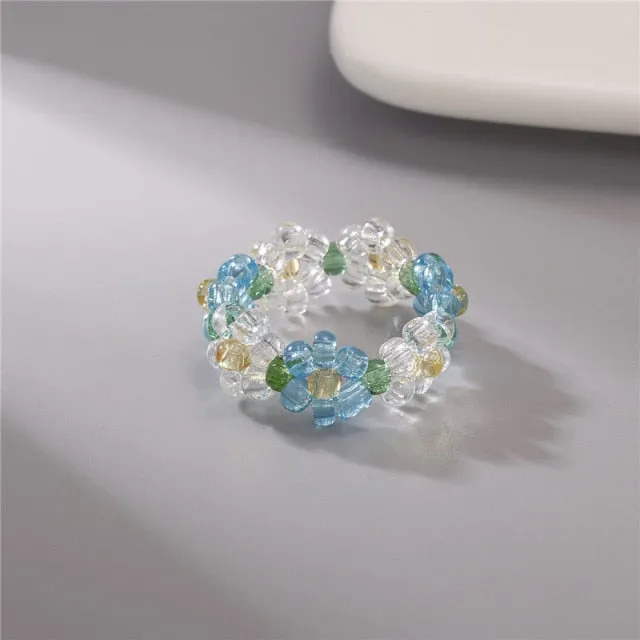 15 Style Korean Colorful Bohemia Small Flower Ring Handmade Multi Beaded Rice Beads Ring For Women  Beach Jewelry Gifts
