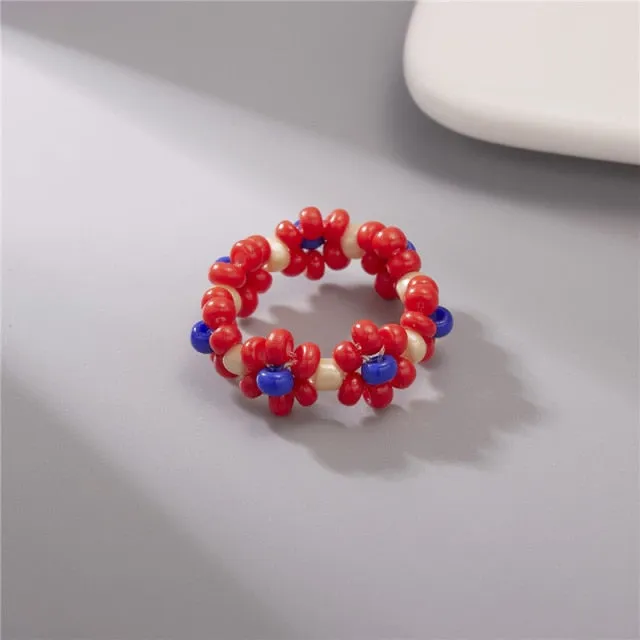 15 Style Korean Colorful Bohemia Small Flower Ring Handmade Multi Beaded Rice Beads Ring For Women  Beach Jewelry Gifts