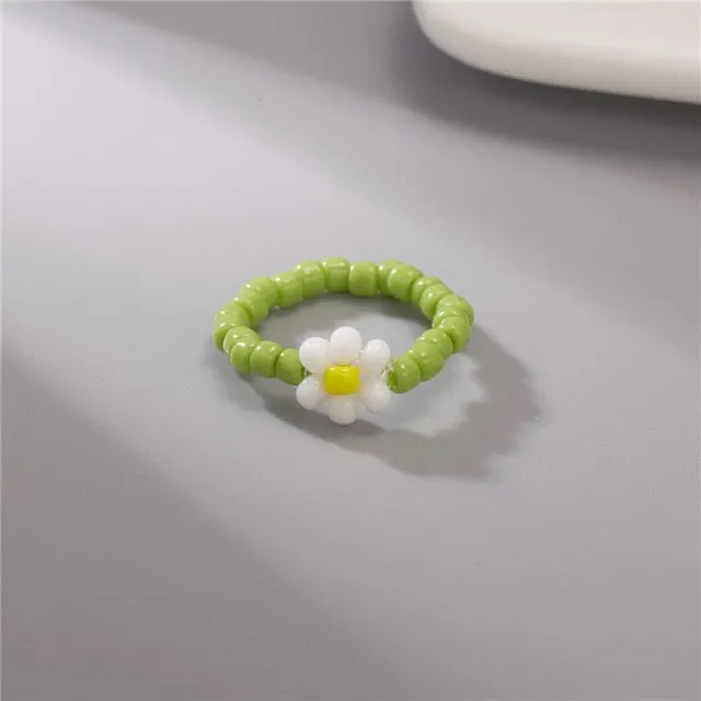 15 Style Korean Colorful Bohemia Small Flower Ring Handmade Multi Beaded Rice Beads Ring For Women  Beach Jewelry Gifts