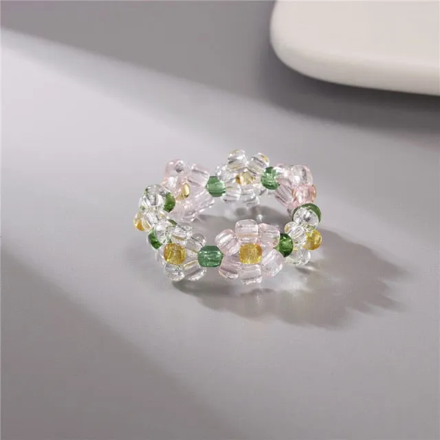 15 Style Korean Colorful Bohemia Small Flower Ring Handmade Multi Beaded Rice Beads Ring For Women  Beach Jewelry Gifts