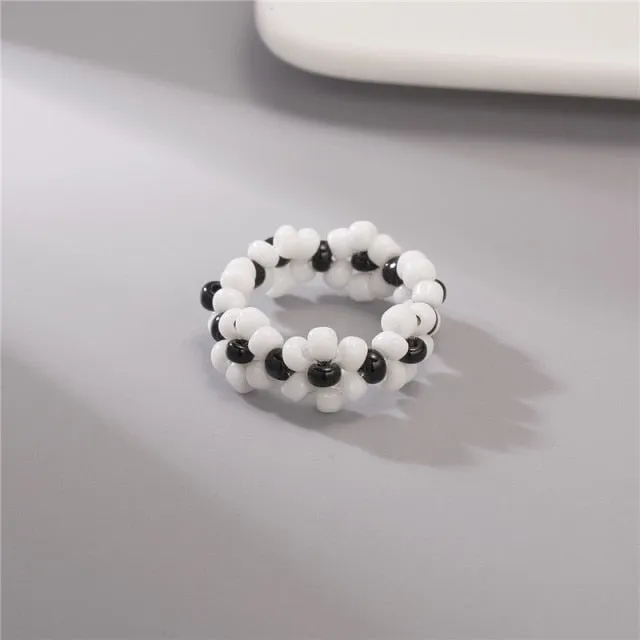 15 Style Korean Colorful Bohemia Small Flower Ring Handmade Multi Beaded Rice Beads Ring For Women  Beach Jewelry Gifts