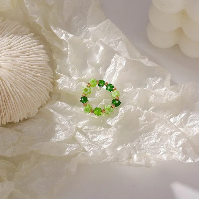 15 Style Korean Colorful Bohemia Small Flower Ring Handmade Multi Beaded Rice Beads Ring For Women  Beach Jewelry Gifts