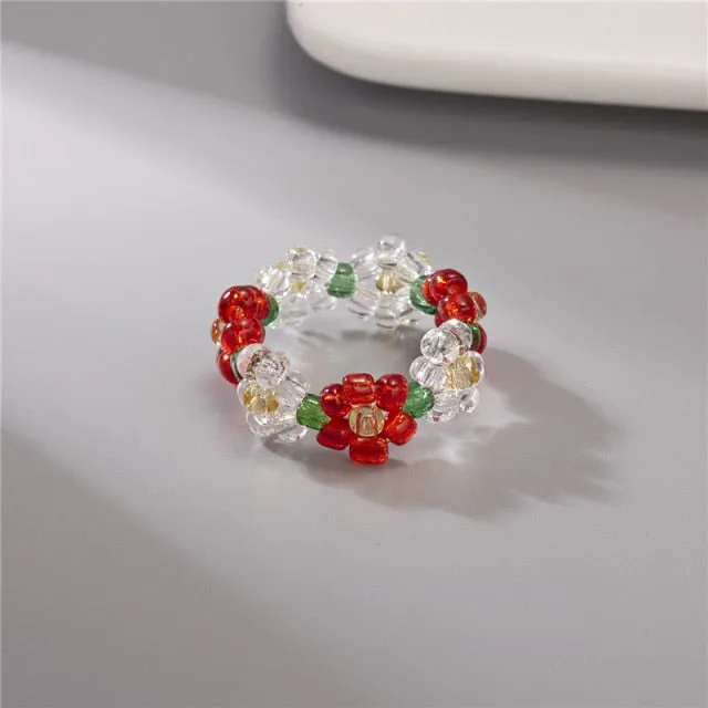 15 Style Korean Colorful Bohemia Small Flower Ring Handmade Multi Beaded Rice Beads Ring For Women  Beach Jewelry Gifts