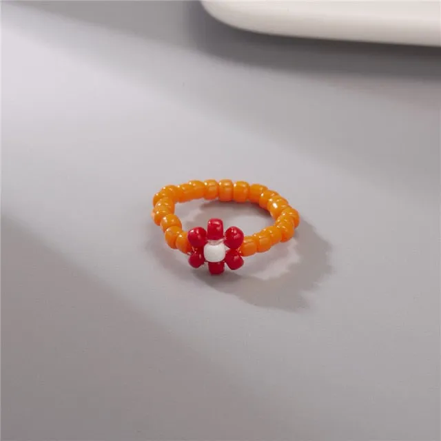 15 Style Korean Colorful Bohemia Small Flower Ring Handmade Multi Beaded Rice Beads Ring For Women  Beach Jewelry Gifts