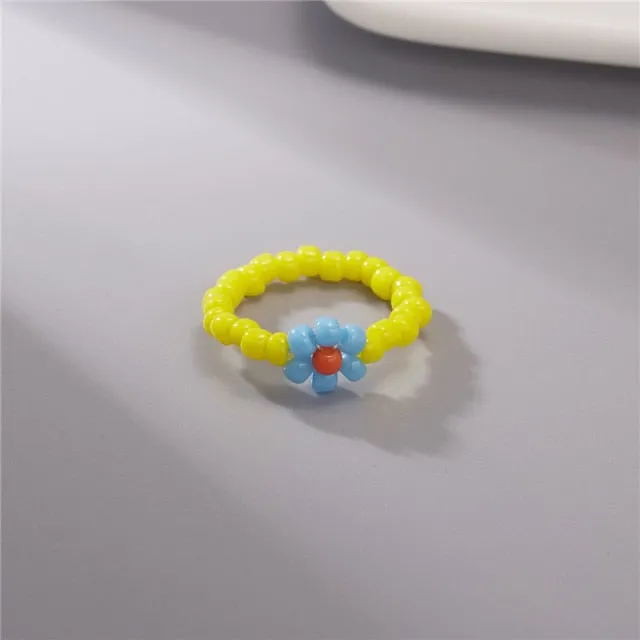 15 Style Korean Colorful Bohemia Small Flower Ring Handmade Multi Beaded Rice Beads Ring For Women  Beach Jewelry Gifts