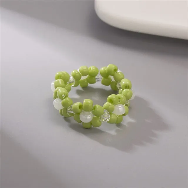 15 Style Korean Colorful Bohemia Small Flower Ring Handmade Multi Beaded Rice Beads Ring For Women  Beach Jewelry Gifts