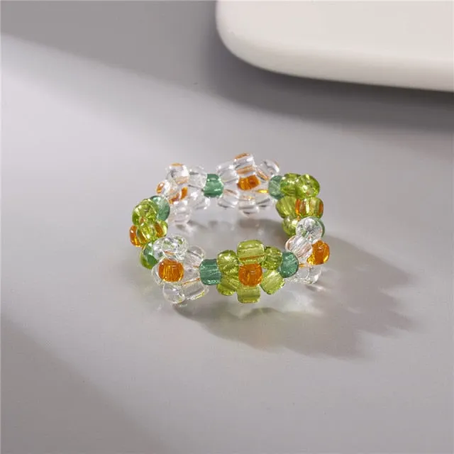 15 Style Korean Colorful Bohemia Small Flower Ring Handmade Multi Beaded Rice Beads Ring For Women  Beach Jewelry Gifts
