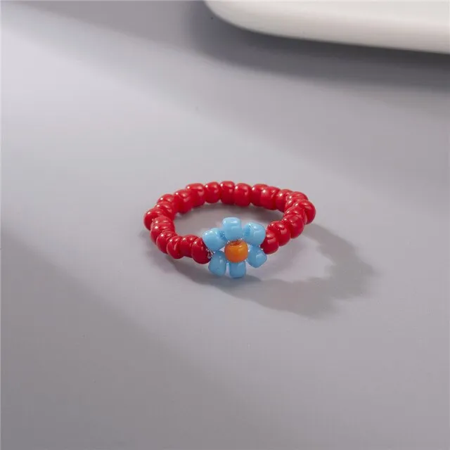 15 Style Korean Colorful Bohemia Small Flower Ring Handmade Multi Beaded Rice Beads Ring For Women  Beach Jewelry Gifts