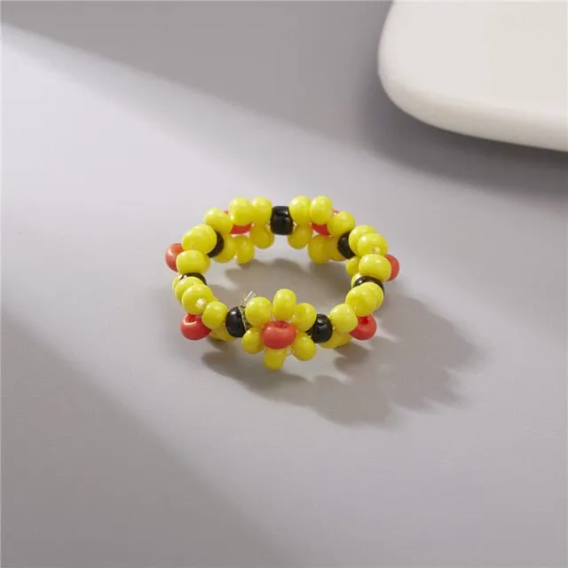 15 Style Korean Colorful Bohemia Small Flower Ring Handmade Multi Beaded Rice Beads Ring For Women  Beach Jewelry Gifts