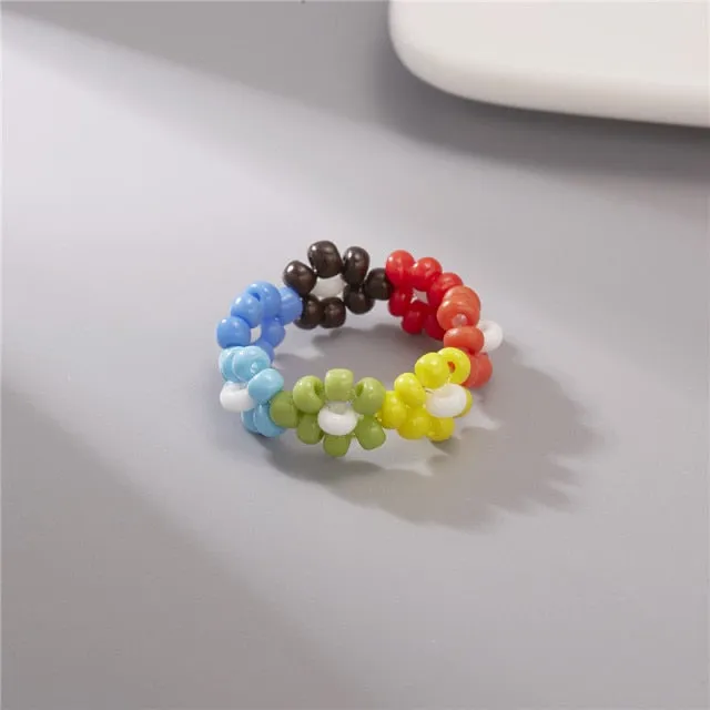 15 Style Korean Colorful Bohemia Small Flower Ring Handmade Multi Beaded Rice Beads Ring For Women  Beach Jewelry Gifts