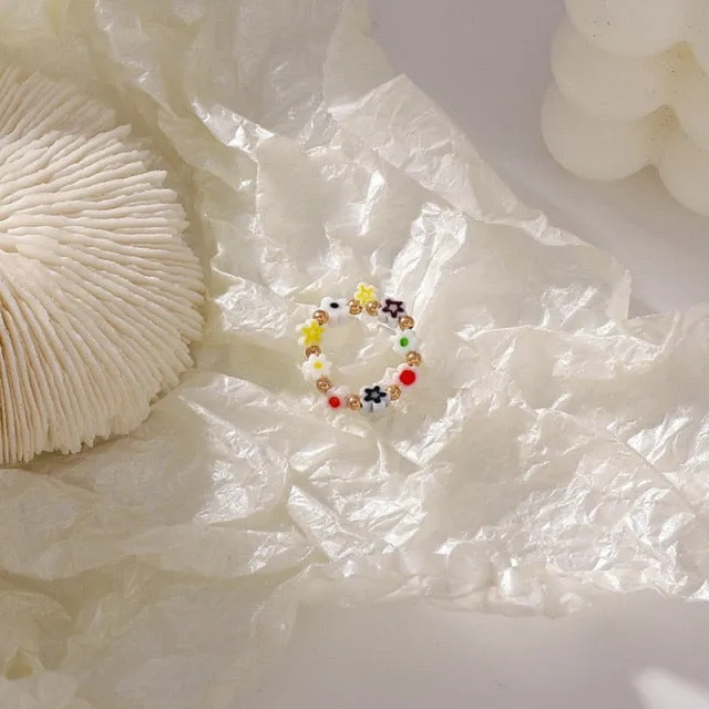 15 Style Korean Colorful Bohemia Small Flower Ring Handmade Multi Beaded Rice Beads Ring For Women  Beach Jewelry Gifts