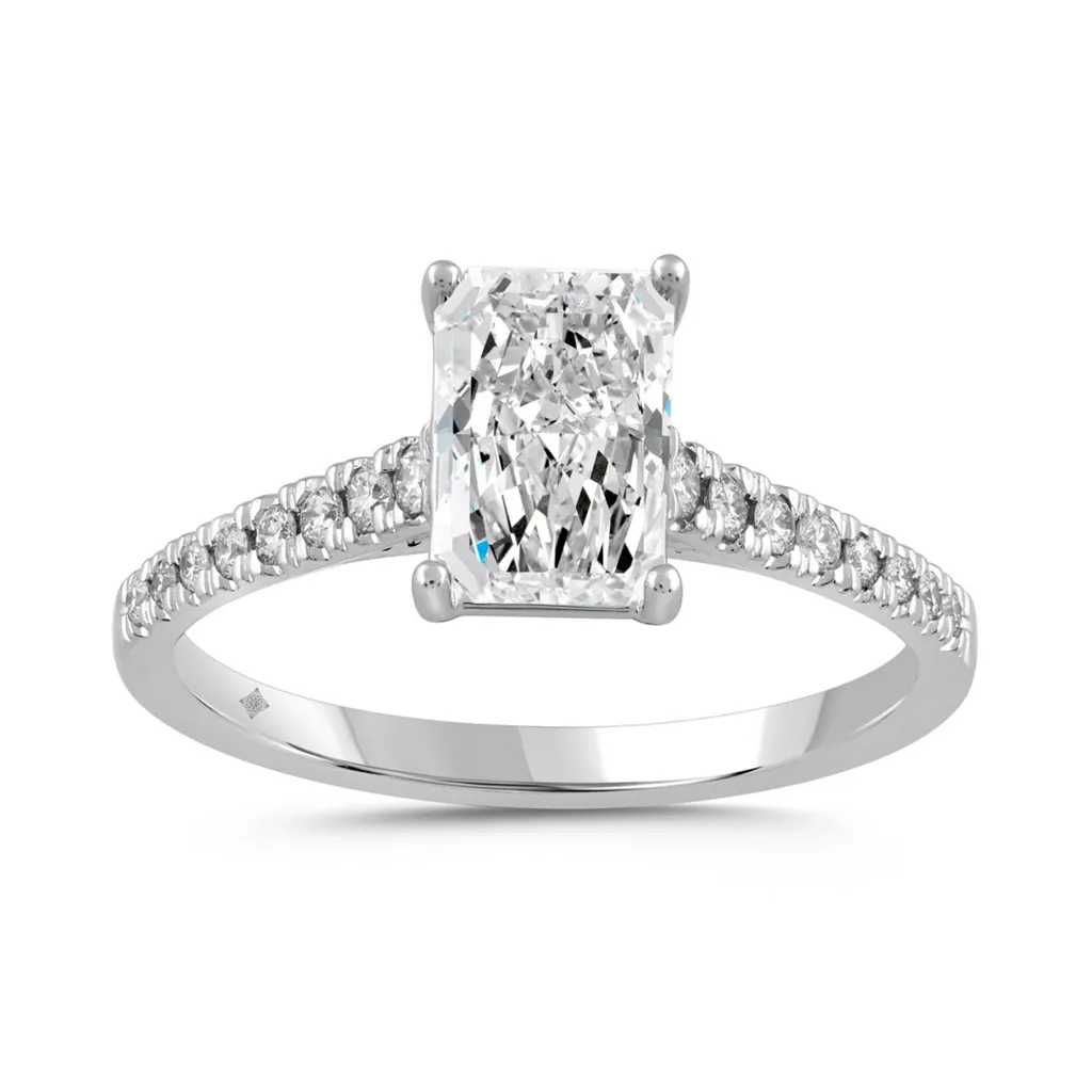 1.75 Carat Radiant and Round Diamond Ring | 14K White Gold | Accent Style