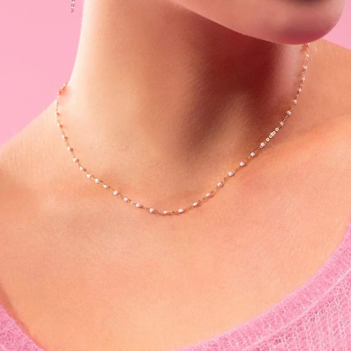 18K Gold and Baby Pink Resin Beaded "Classic" Necklace