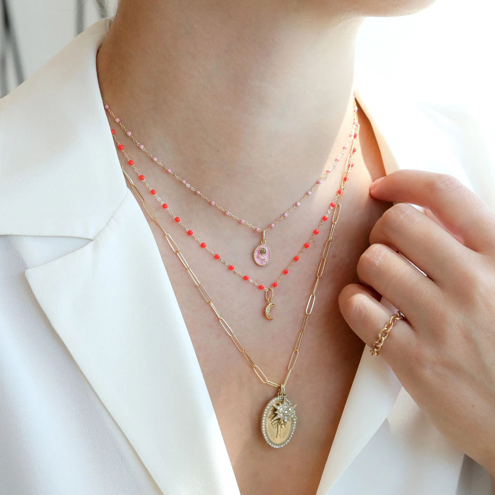 18K Gold and Baby Pink Resin Beaded "Classic" Necklace