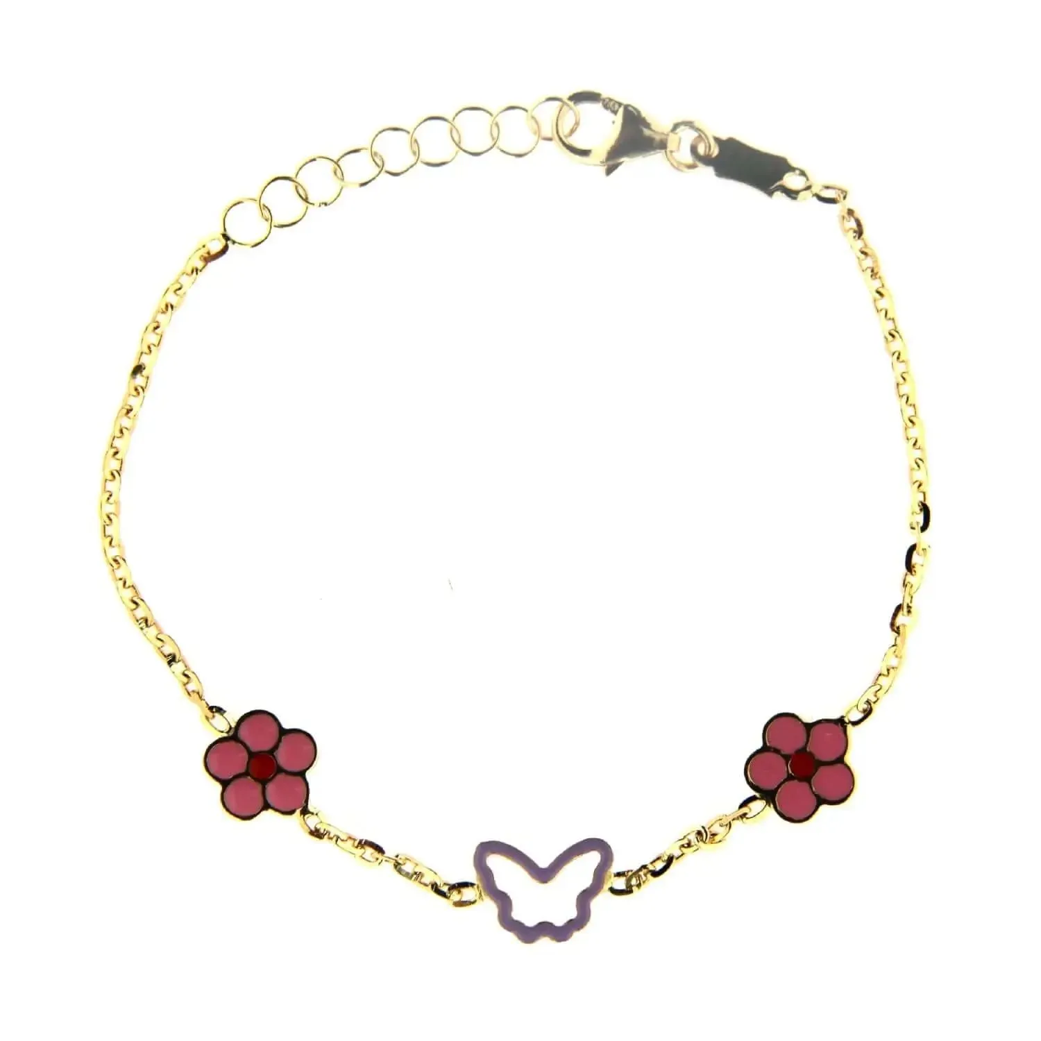 18K Solid Yellow Gold Enamel Flowers & Butterfly Bracelet