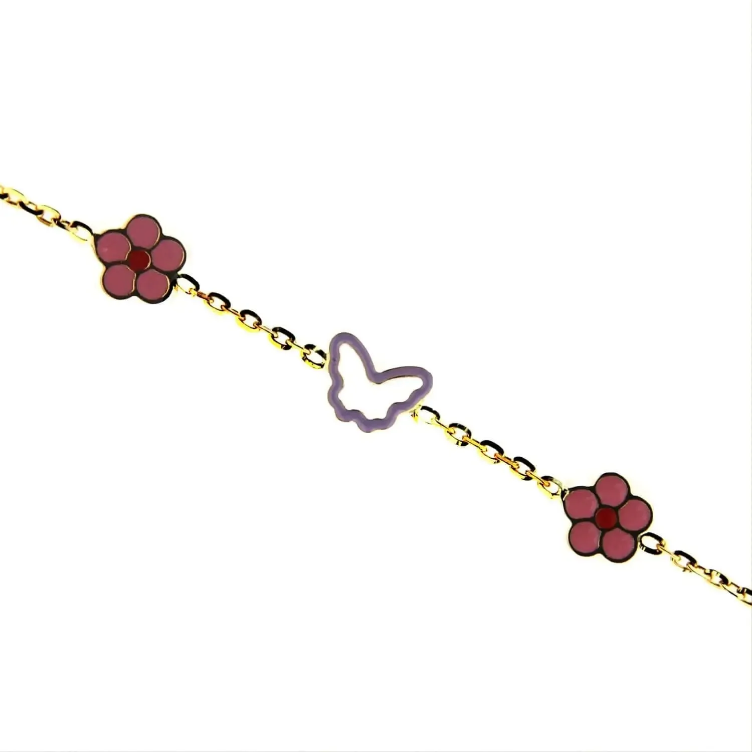 18K Solid Yellow Gold Enamel Flowers & Butterfly Bracelet