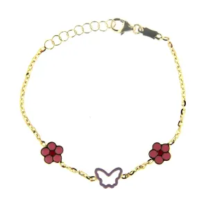 18K Solid Yellow Gold Enamel Flowers & Butterfly Bracelet