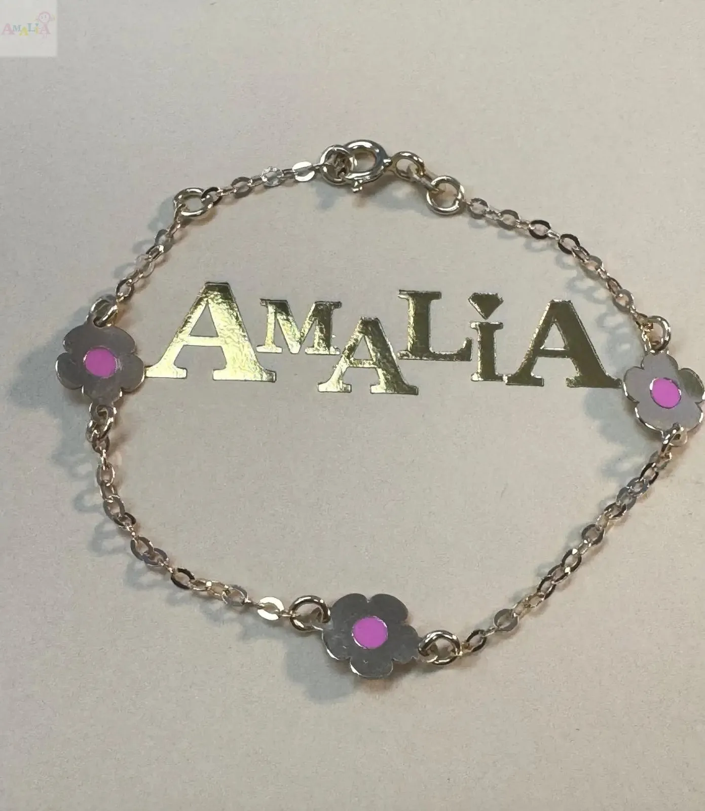 18K Solid Yellow Gold Pink Enamel Polished Flower Bracelet