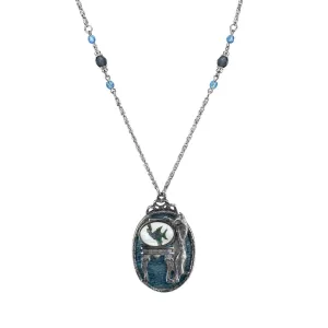 1928 Jewelry Pesky Cat & Fish Blue Enamel Pendant Necklace 30"