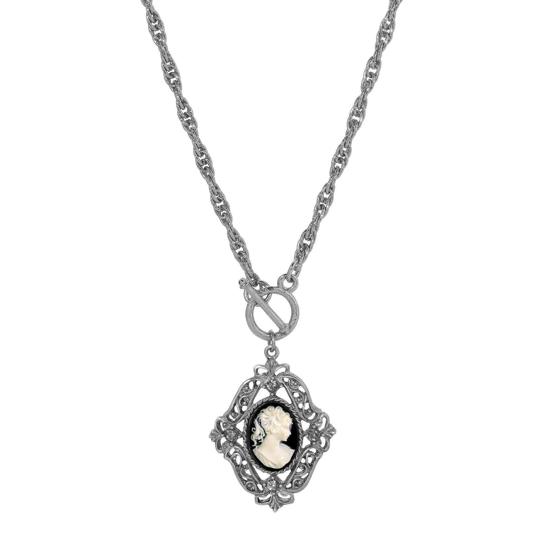 1928 Jewelry Victorian Filigree Crystal Cameo Pendant Necklace 26"