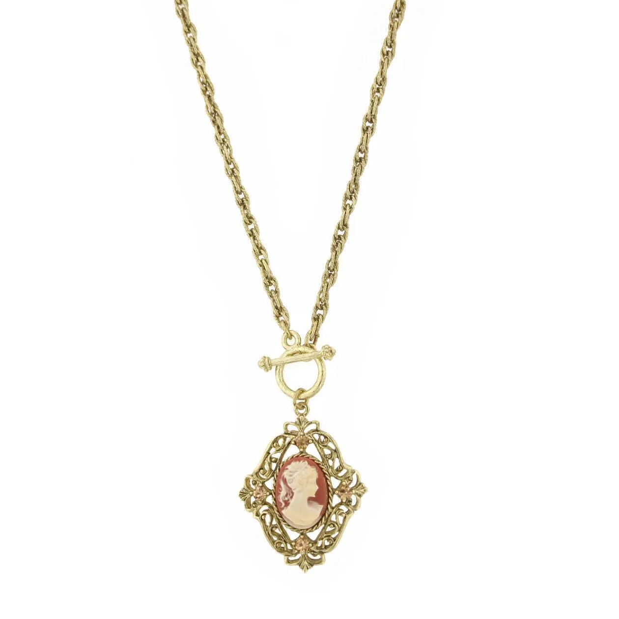 1928 Jewelry Victorian Filigree Crystal Cameo Pendant Necklace 26"