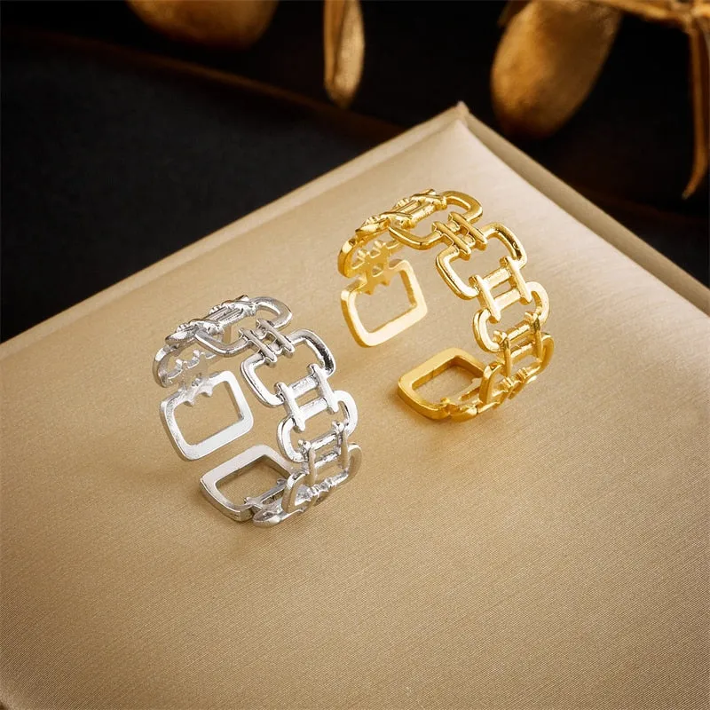 316L Stainless Steel Geometric Square Opening Adjustable Ring For Women