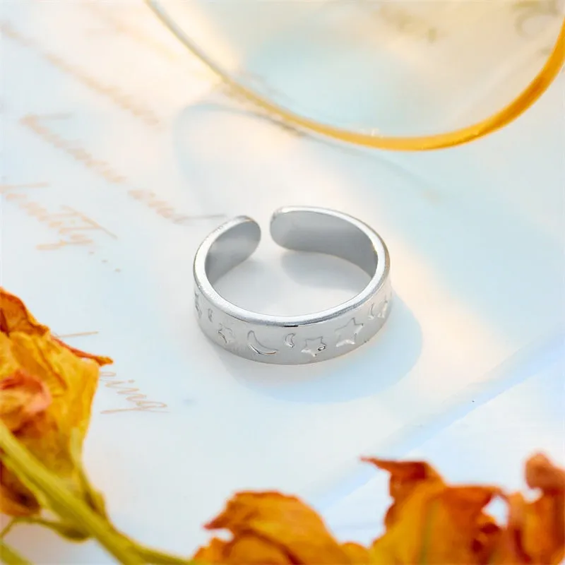 316L Stainless Steel Moon Star Relief Open Ring For Women Men