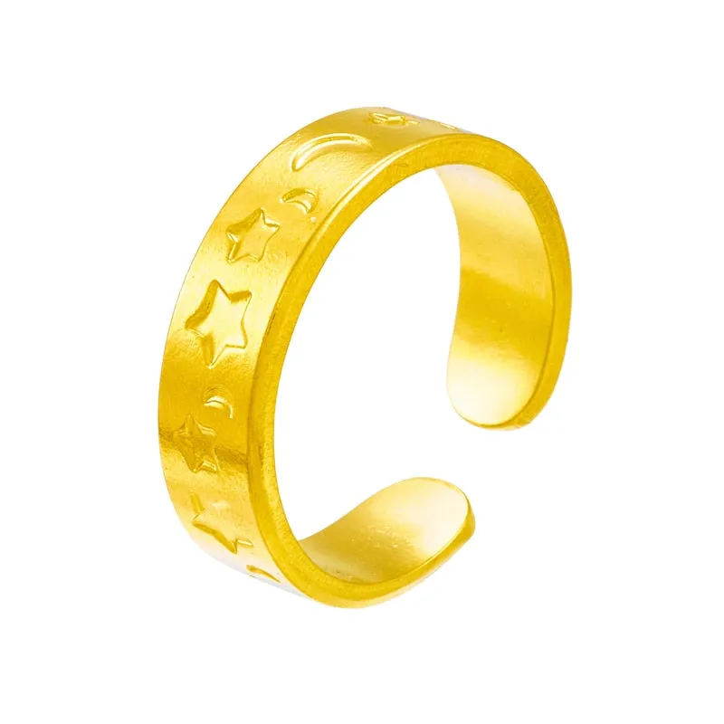 316L Stainless Steel Moon Star Relief Open Ring For Women Men