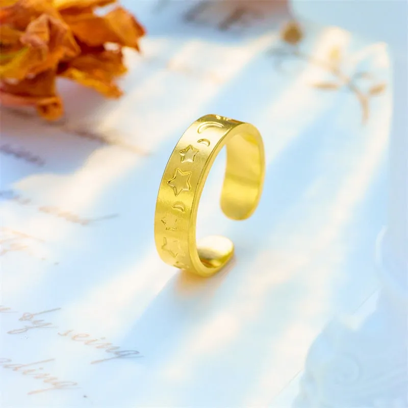 316L Stainless Steel Moon Star Relief Open Ring For Women Men