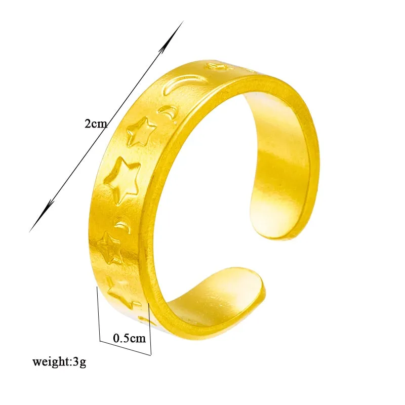 316L Stainless Steel Moon Star Relief Open Ring For Women Men