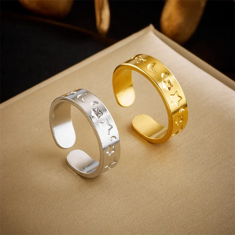 316L Stainless Steel Moon Star Relief Open Ring For Women Men