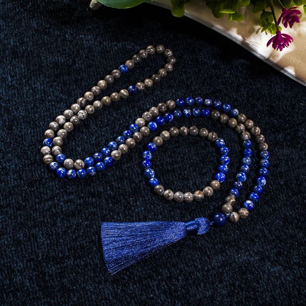 8mm Natural Lapis Lazuli Wood Grain Stone Beads 108 Mala Prayer Necklace Meditation