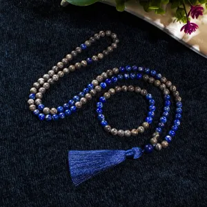 8mm Natural Lapis Lazuli Wood Grain Stone Beads 108 Mala Prayer Necklace Meditation