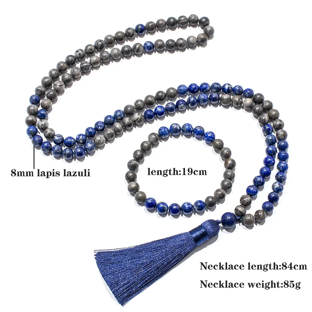 8mm Natural Lapis Lazuli Wood Grain Stone Beads 108 Mala Prayer Necklace Meditation