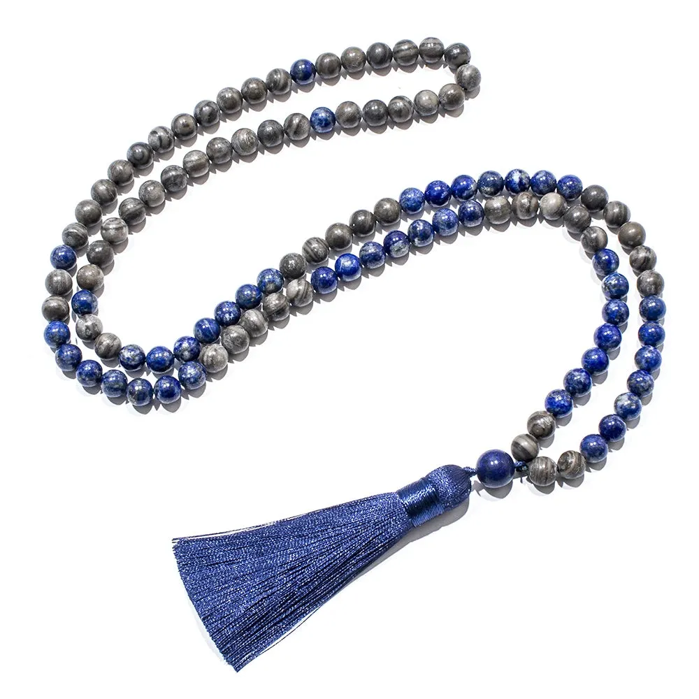 8mm Natural Lapis Lazuli Wood Grain Stone Beads 108 Mala Prayer Necklace Meditation