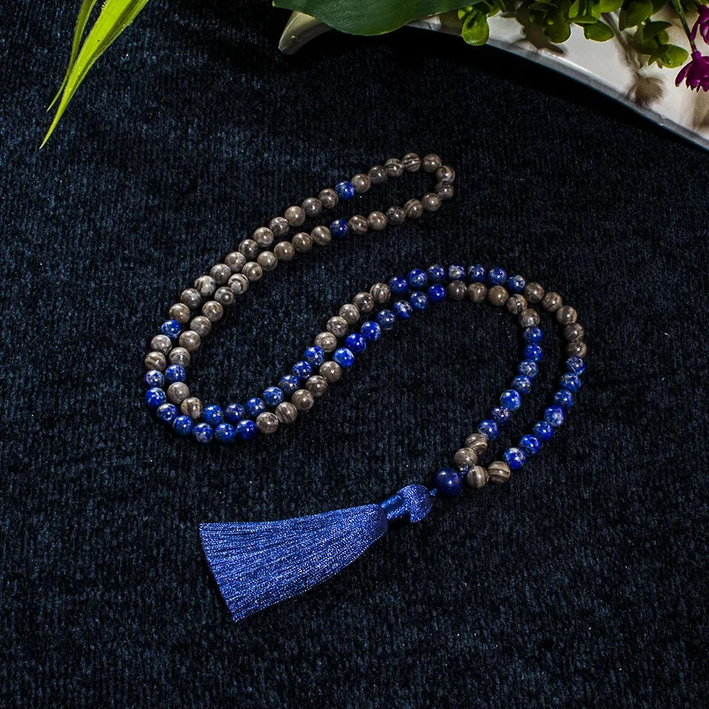 8mm Natural Lapis Lazuli Wood Grain Stone Beads 108 Mala Prayer Necklace Meditation