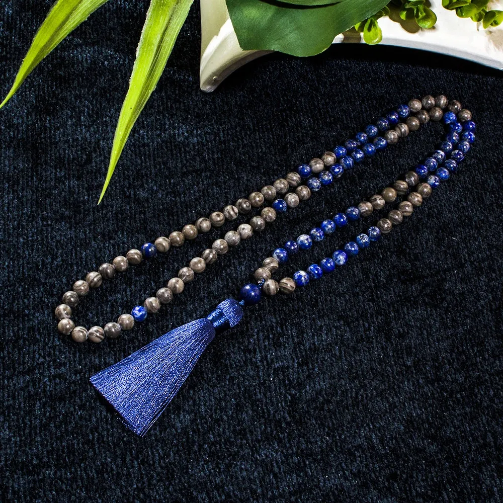 8mm Natural Lapis Lazuli Wood Grain Stone Beads 108 Mala Prayer Necklace Meditation