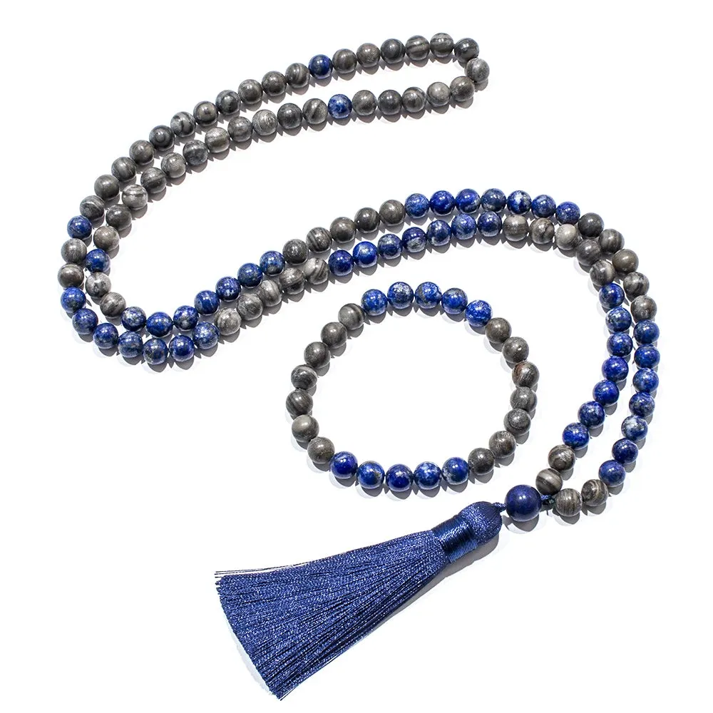 8mm Natural Lapis Lazuli Wood Grain Stone Beads 108 Mala Prayer Necklace Meditation