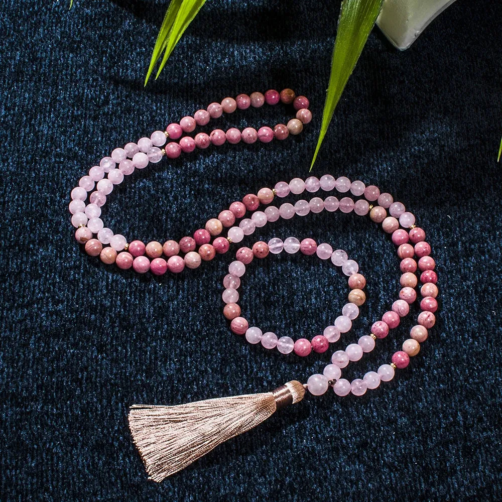 8mm Rose Quartz Rhodochrosite Beads 108 Mala Necklace Meditation Yoga Pray Japamala Jewelry for Women