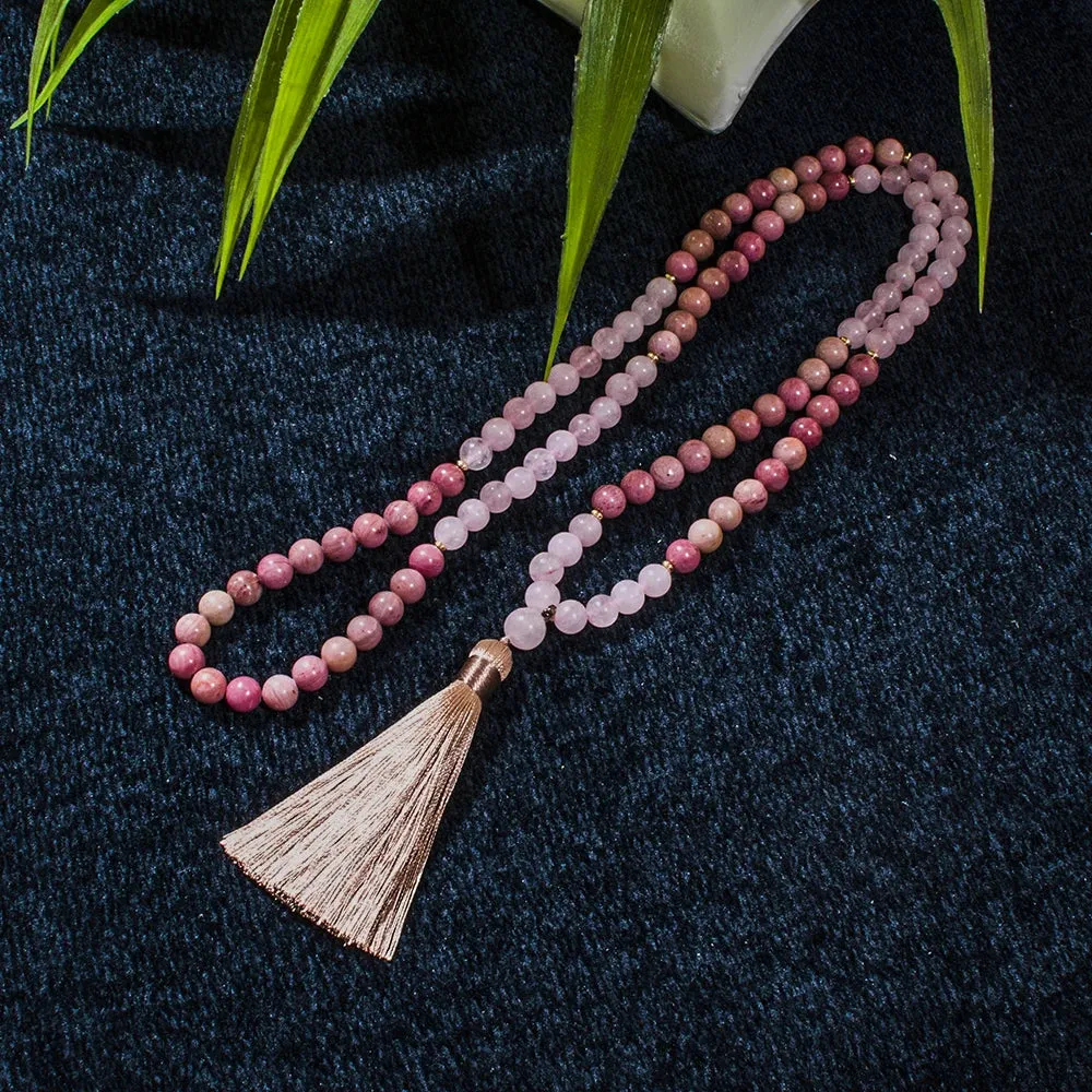 8mm Rose Quartz Rhodochrosite Beads 108 Mala Necklace Meditation Yoga Pray Japamala Jewelry for Women