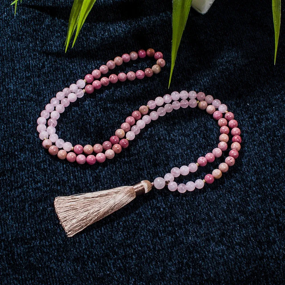 8mm Rose Quartz Rhodochrosite Beads 108 Mala Necklace Meditation Yoga Pray Japamala Jewelry for Women