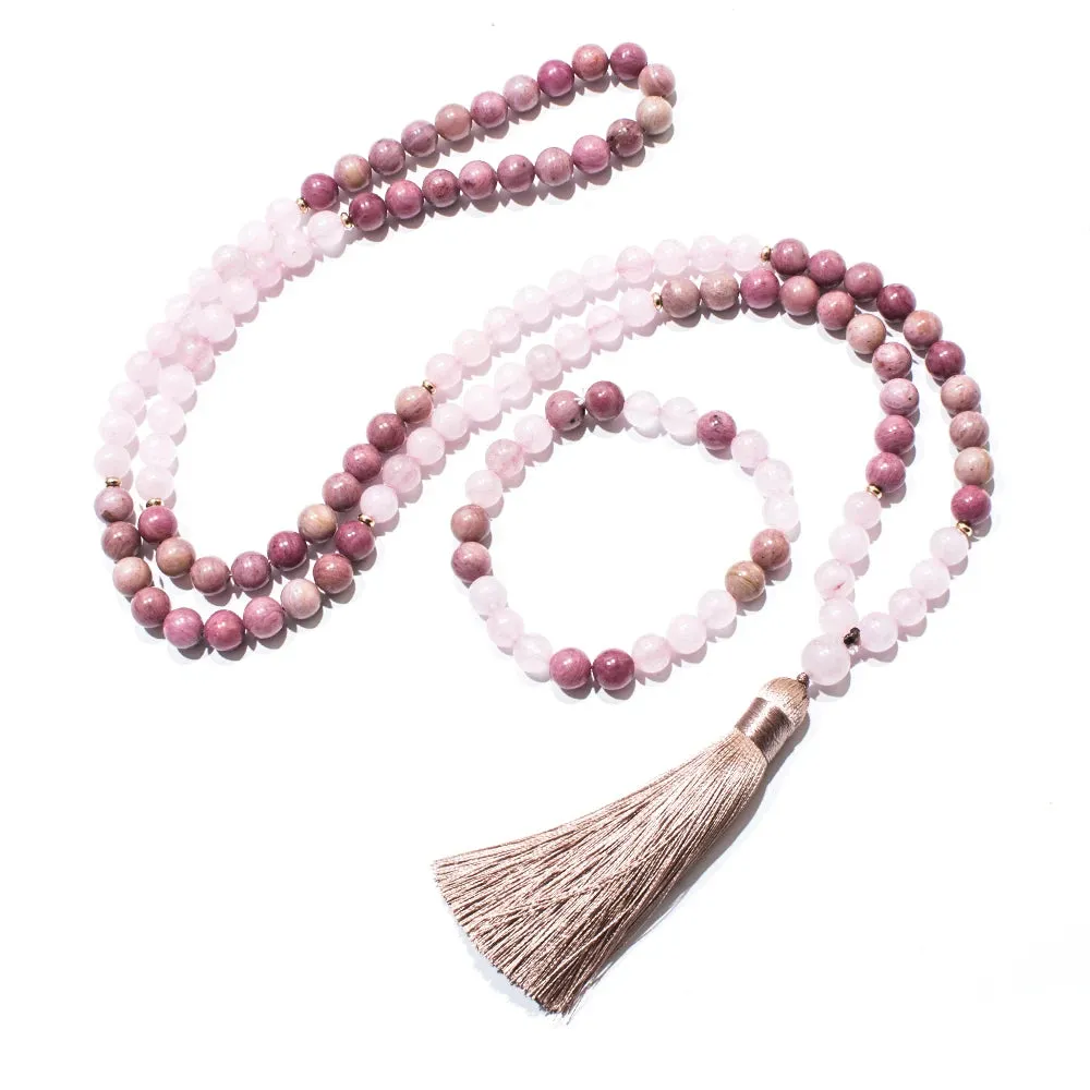 8mm Rose Quartz Rhodochrosite Beads 108 Mala Necklace Meditation Yoga Pray Japamala Jewelry for Women