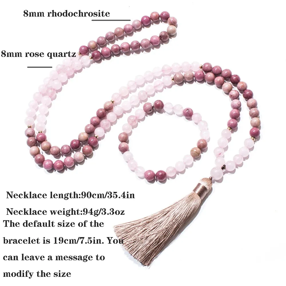 8mm Rose Quartz Rhodochrosite Beads 108 Mala Necklace Meditation Yoga Pray Japamala Jewelry for Women